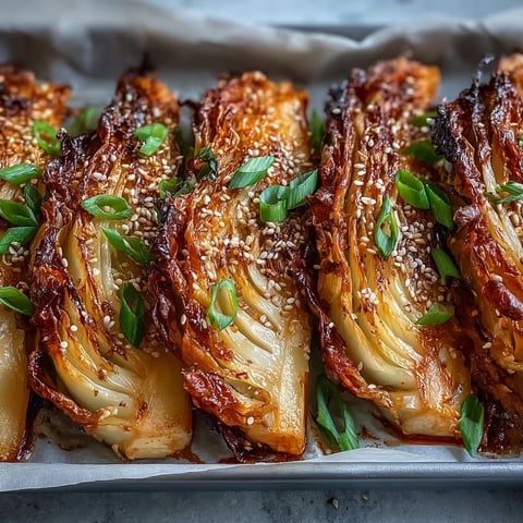 Golden-brown Miso Butter Roasted Cabbage Wedges with crisp edges on a platter garnished with sesame seeds and scallions.