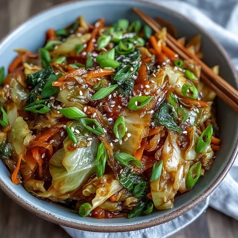 Tossed Hot and Sour Cabbage with bright green cabbage, julienned carrots, and a glossy chili-garlic sauce. The vegetables remain crisp in this vibrant, aromatic Asian-inspired side dish served in a white bowl.
