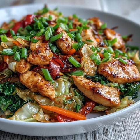 Juicy chicken and crisp cabbage coated in savory sauce in a hot wok for a quick Chicken Cabbage Stir-Fry.