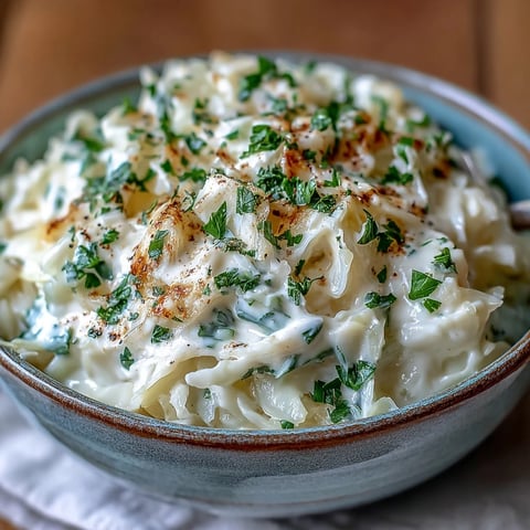 Creamed Cabbage served warm in a white bowl, garnished with fresh parsley for a cozy vegetarian side dish.