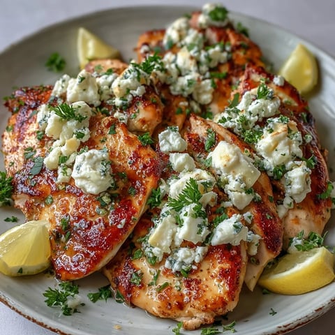 Golden-brown Greek Chicken with Lemon and Feta sizzling in a skillet, garnished with fresh parsley.