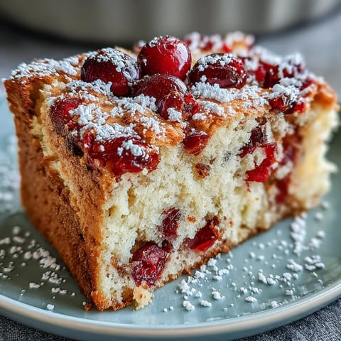 Freshly baked Cranberry Orange Breakfast Cake dusted with powdered sugar on a white plate, vibrant orange zest and tart cranberries visible in the tender crumb. 