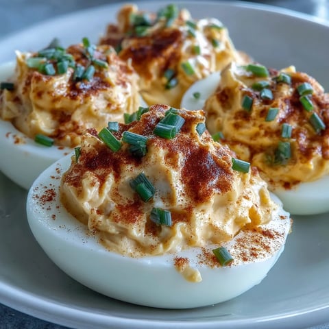 Freshly prepared Million Dollar Deviled Eggs displayed on a white platter, with creamy yolk filling piped into tender egg halves and garnished with paprika and chives.