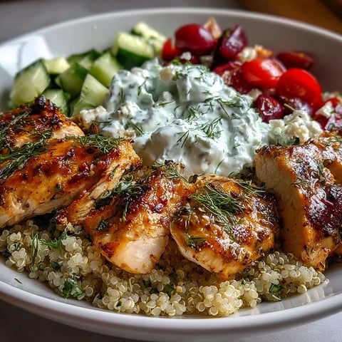 Vibrant Greek Chicken Power Bowl garnished with fresh parsley, showcasing juicy grilled chicken slices over fluffy quinoa and colorful vegetables.