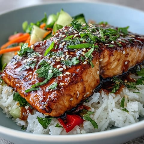 A close-up of an Asian-Inspired Salmon Bowl featuring flaky glazed salmon and colorful julienned vegetables over steamed rice.