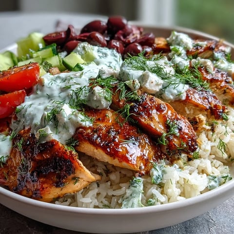 Juicy Greek-seasoned chicken, herbed rice, and a crisp tomato-cucumber salad are artfully arranged in this vibrant bowl, topped with creamy tzatziki sauce and briny olives.