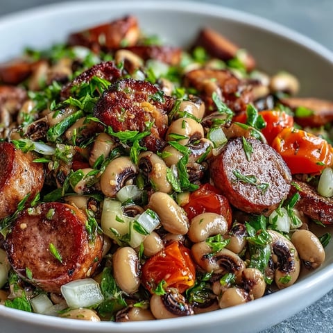 Hoppin' John Style Black-Eyed Pea Salad with Turkey Sausage arranged on a platter with fresh greens.
