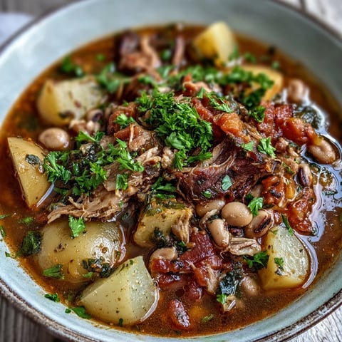 A close-up of Black-Eyed Pea Stew with Smoked Ham Hocks in a rustic bowl, garnished with fresh parsley and a side of cornbread. Rich, savory broth with tender ham pieces.
