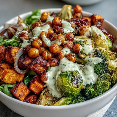 Crispy roasted chickpeas and caramelized vegetables in Roasted Veggie & Chickpea Bowls with Maple Dijon Tahini Dressing.