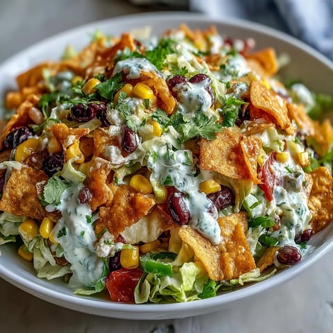 Frito Cowboy Cabbage salad in a white bowl with colorful vegetables, black beans, corn, and Chili Cheese Fritos, topped with creamy chipotle dressing. 