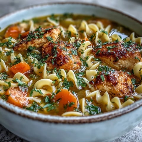 Creamy Ginger Turmeric Chicken Soup with tender chicken pieces and fresh parsley garnish served in a rustic bowl.