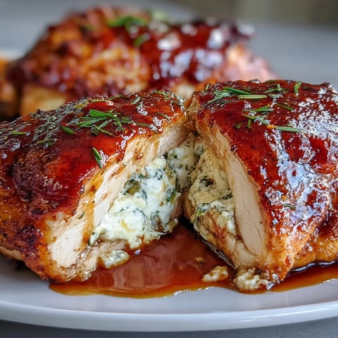 Juicy Hot Honey Ricotta Stuffed Chicken breasts served on a plate with fresh basil garnish.