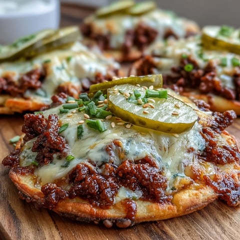 Golden-brown Cheeseburger Garlic Naan Pizzas fresh from the oven, topped with melty cheddar cheese sauce, seasoned beef, and sliced dill pickles. 