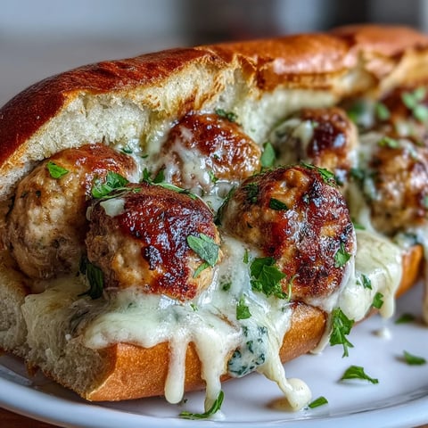 Toasted Italian hoagie rolls brimming with golden-baked turkey meatballs and smothered in creamy garlic-Parmesan sauce, finished with melted mozzarella.
