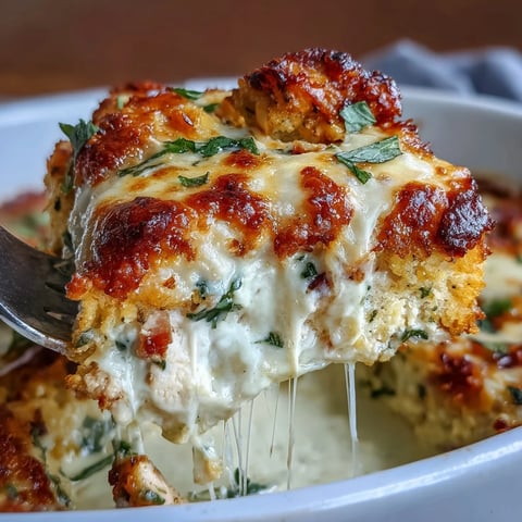 A close-up of Keto Chicken Cordon Bleu Casserole, featuring melted Swiss cheese over chunks of chicken and diced ham, bubbling in a creamy mustard sauce.