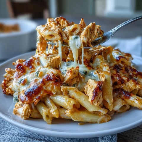 Creamy Buffalo Ranch Chicken Pasta Bake with tender pasta and spicy buffalo sauce, topped with melted mozzarella and cheddar cheese.
