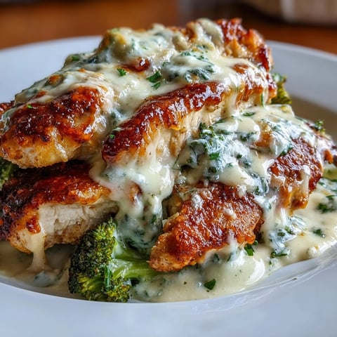 Creamy Keto Chicken Alfredo served over steamed broccoli florets, with tender chicken strips and rich Parmesan sauce.  