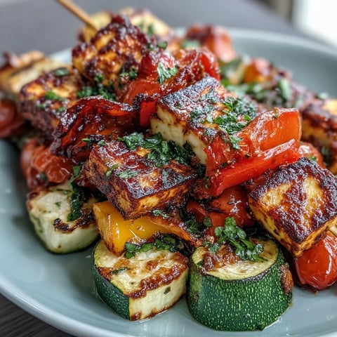 Vibrant grilled veggie and halloumi skewers with colorful peppers, zucchini, and onions, served alongside a creamy herb yogurt sauce for a fresh Mediterranean meal.