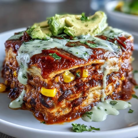 Hearty vegan black bean enchilada casserole with smoky sauce and avocado crema.