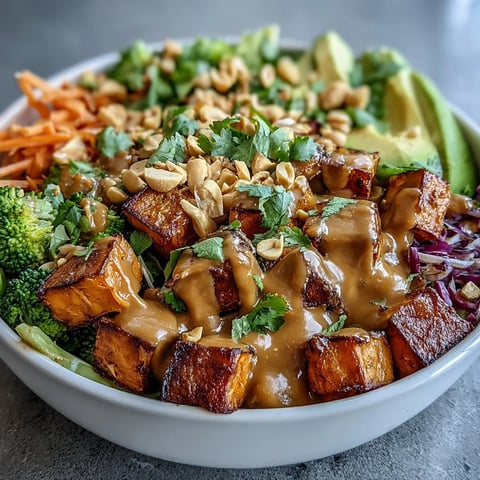 A vibrant Thai peanut sweet potato Buddha bowl with roasted vegetables and creamy peanut sauce, garnished with fresh cilantro and chopped peanuts.
