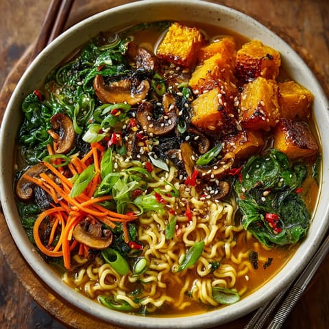 A close-up of a savory Japanese-Spiced Pumpkin Ramen Bowl, showing tender roasted pumpkin and vibrant vegetables.