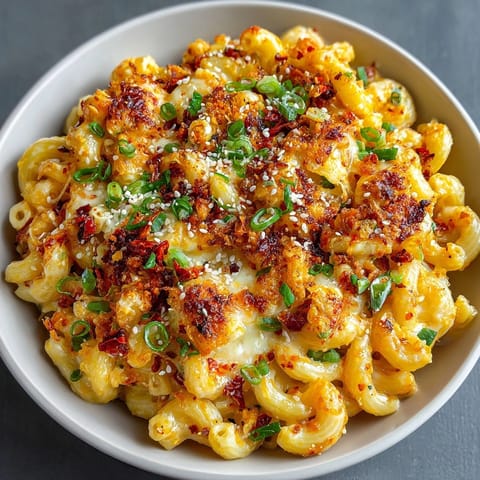 A close-up of savory Korean-style comfort kimchi mac and cheese, garnished with fresh green onions.