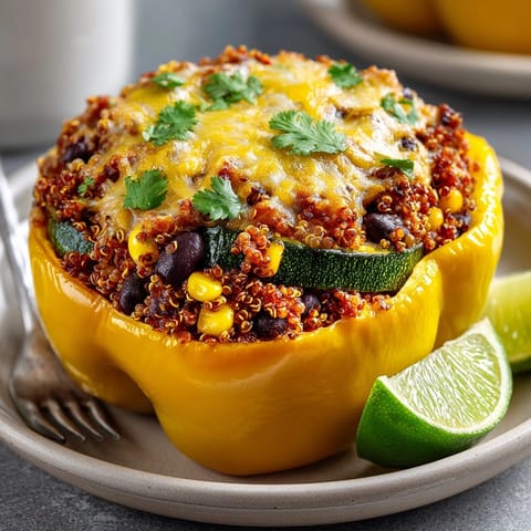 Vibrant Protein-Rich Quinoa Stuffed Peppers, beans and corn peeking out, ready for serving