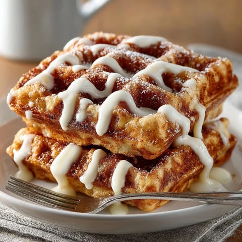 Cinnamon Roll Waffles topped with creamy, tangy cream cheese drizzle, fresh out of the waffle maker.