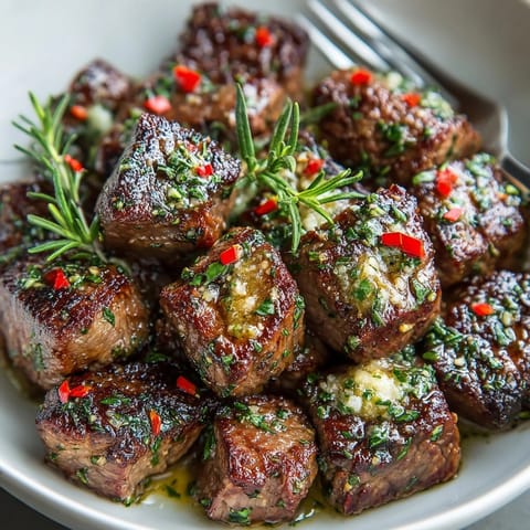 Juicy garlic herb butter steak bites arranged on a plate, garnished with fresh parsley for a savory, aromatic finish.