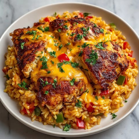 Baked Cajun Chicken and Rice Casserole served in a dish, showcasing creamy sauce and colorful vegetables