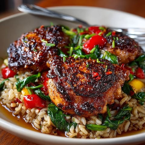Steaming One-Pot Cherry Chicken Dinner served over fluffy rice with fresh spinach and red peppers.