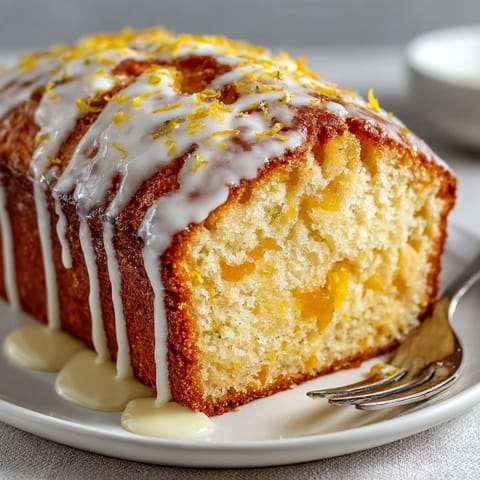 Freshly baked Lemon Cream Cheese Bread with Citrus Glaze, drizzled and ready for dessert serving.