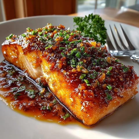 Close-up of Glazed Brown Sugar Soy Salmon with Garlic and Lemon, glistening atop jasmine rice for dinner.