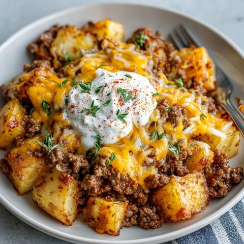 Hearty Ground Beef and Potatoes Casserole fresh from the oven, topped with bubbling cheddar cheese.