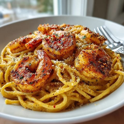 Juicy shrimp and pasta coated in creamy Cajun sauce, sprinkled with fresh parsley for a vibrant finish.