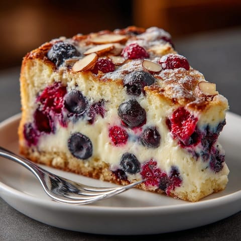 Freshly baked Protein Berry Yogurt Cake: a moist, tangy dessert, served with a dollop yogurt.