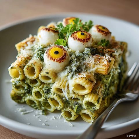 Vibrant green Green Monster Mac and Cheese, cheesy and bubbling hot in a bowl.