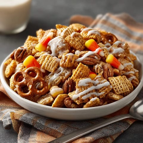 Homemade Pumpkin Spice Chex Mix baking on a sheet, ready for the Halloween party.