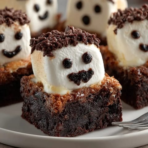 Homemade Marshmallow Ghost Brownies glistening with melted white chocolate, playfully decorated for a spooky snack.
