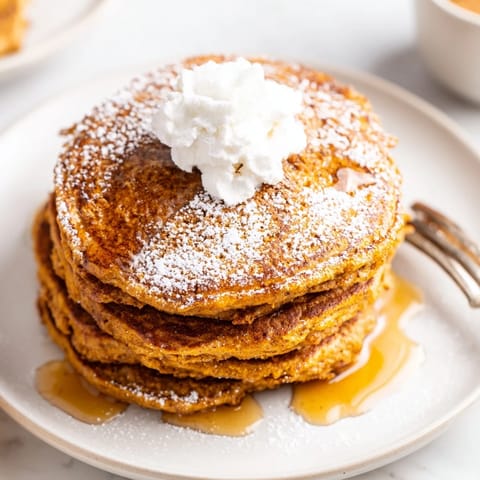 Golden-brown Gingerbread Pumpkin Muffin Pancakes, perfect for cozy autumn brunches.  
