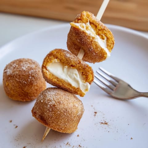 Mini sweet potato muffins with creamy filling stacked on skewers for easy snacking.  