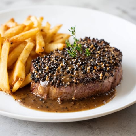 Juicy ribeye steak, peppercorn crust, served with golden fries for savory indulgence.  