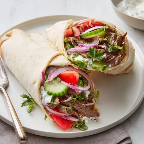 Tender beef shawarma wraps with creamy yogurt sauce and fresh veggies on display.  