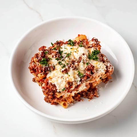 Warm baked ziti, featuring a generous helping of meat sauce and golden, browned cheese.