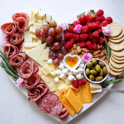 Heart-shaped charcuterie board with vibrant fruits, cheeses, and meats, ready to serve, a delicious appetizer.
