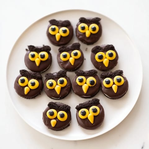See the festive Hoot Hoot Owl treats: chocolate cookies with candy eyes, pretzel wings, and bright fruit!