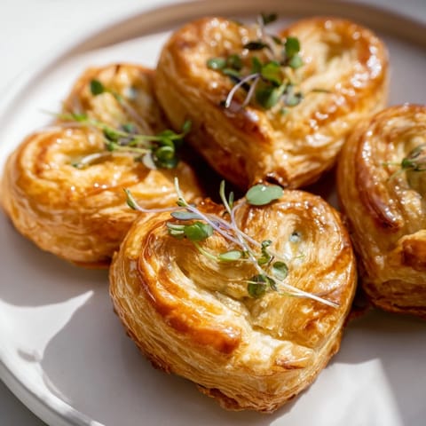 Closeup of baked Cœurs Entrelacés, showing flaky pastry hearts with herbs and red pepper filling, perfect for sharing.