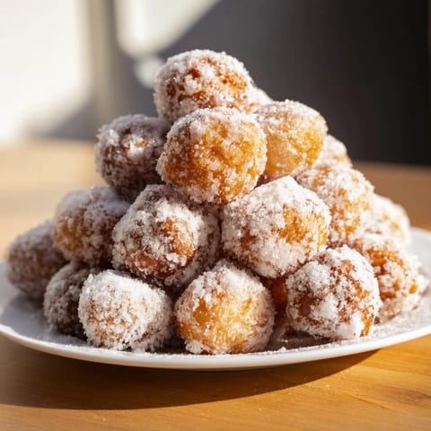 Fluffy, golden-brown Powdered Donut Holes Mountain, piled high with a sweet powdered sugar coating.