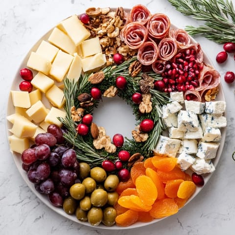 Festive Holiday Wreath Cheese Platter, a stunning holiday display with brie, grapes, and salami.