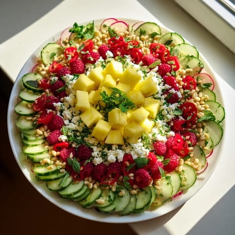Visually stunning concentric rings of flavor salad: juicy watermelon and feta cheese arranged beautifully on the plate.